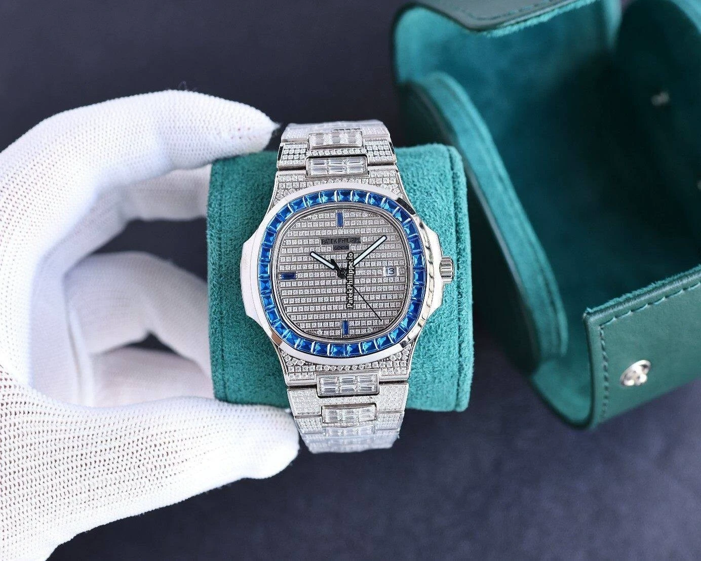 Patek Philippe Nautilus 5711 Full Diamond Blue Sapphire Bezel Super Clone 324 Movement 40MM - Image 3