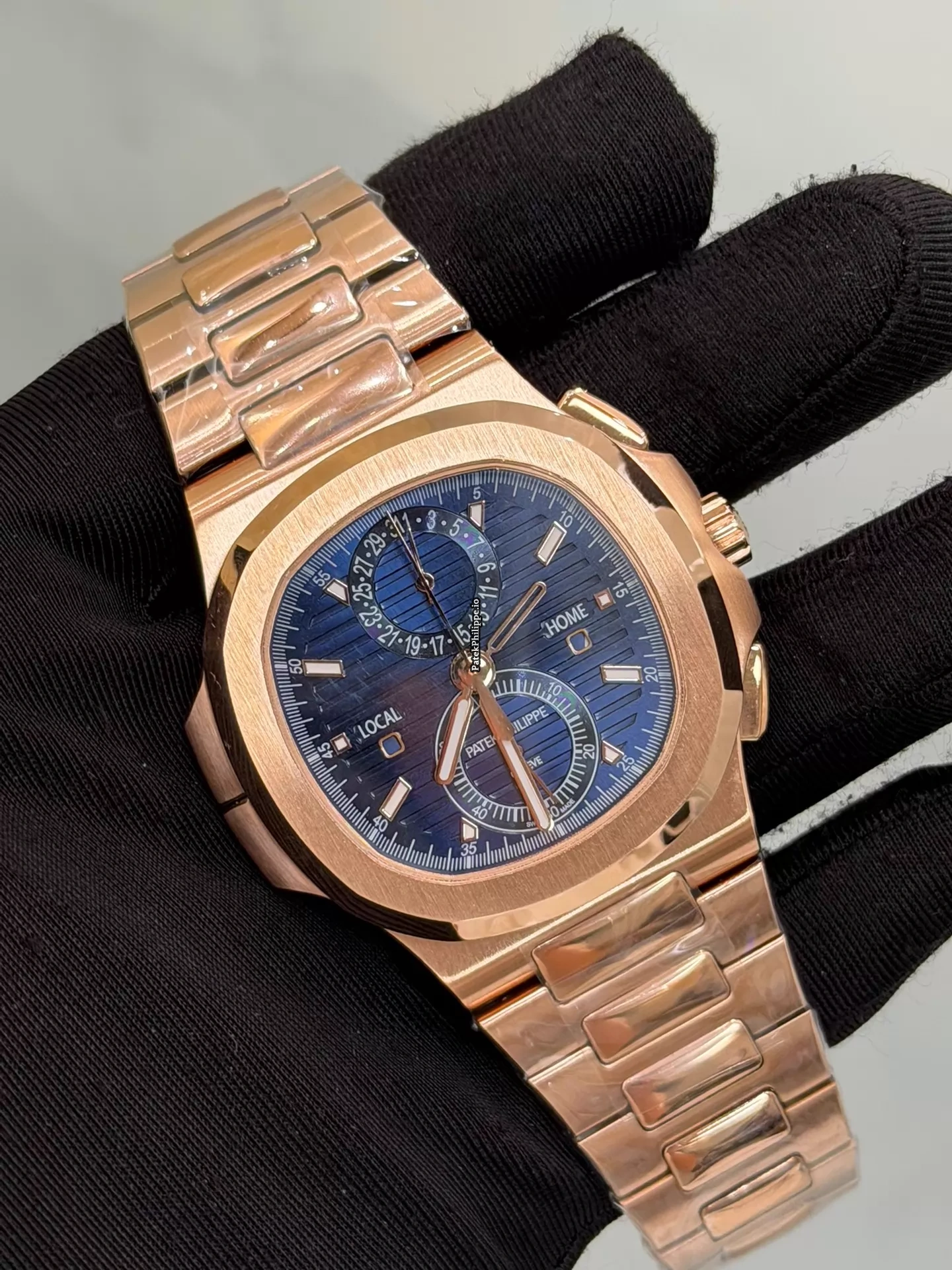 Patek Philippe Nautilus 5990 Rose Gold Blue Dial Super Clone Travel Time Chronograph Full Functions - Image 3