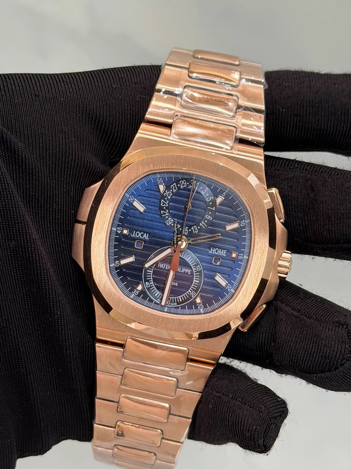 Patek Philippe Nautilus 5990 Rose Gold Blue Dial Super Clone Travel Time Chronograph Full Functions - Image 6